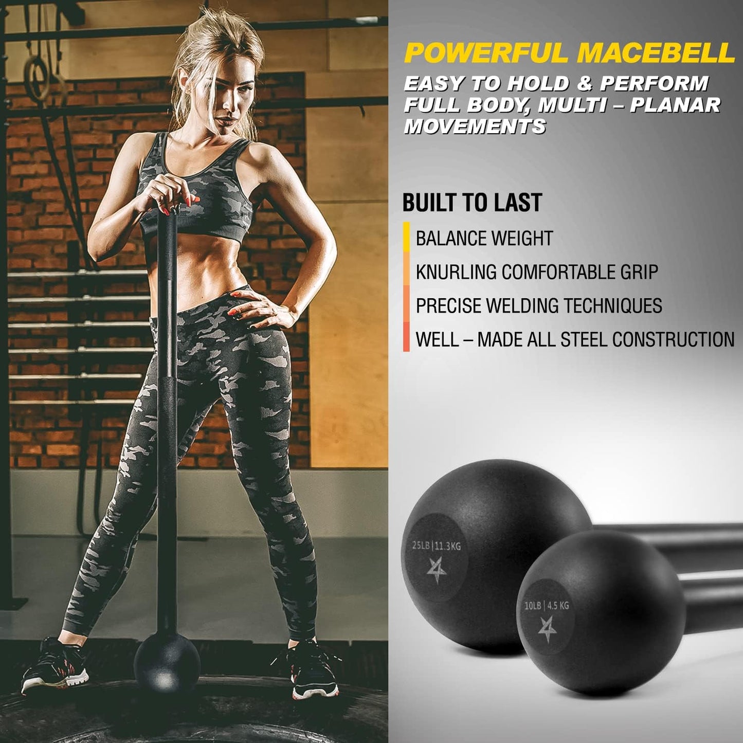 Steel Mace Bell for Comprehensive Strength Training - Enhance Full Body, Muscular Development, Shoulder, Grip, and Forearm Workouts - Available in 5, 7, 10, 15, 20, 25, and 30 LB for Both Men and Women